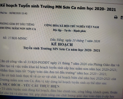 Kế hoạch Tuyển sinh Trường MN Sơn Ca năm học 2020- 2021