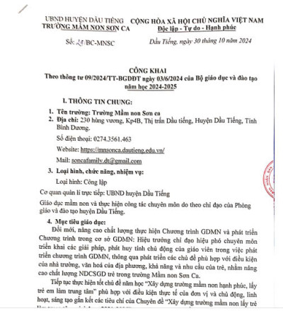 Công Khai Theo Thông Tư 09/2024 ngày 3/6/2024 của Bộ giáo dục và Đào tạo Năm học 2024-2025