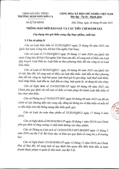 THÔNG BÁO MỜI BÁO GIÁ VÀ CÁC TIÊU CHÍ ĐÁNH GIÁ