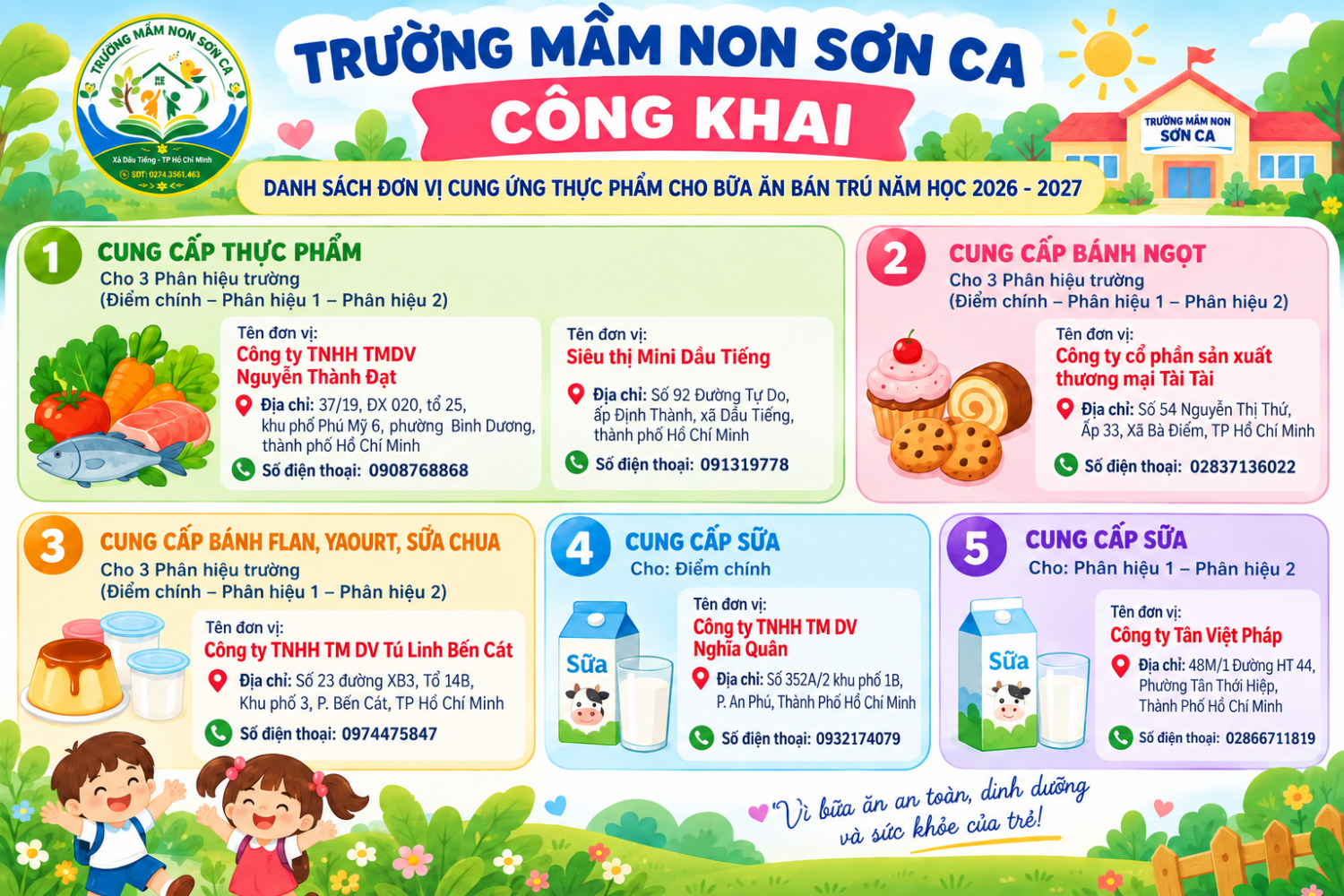 DANH SÁCH ĐƠN VỊ CUNG ỨNG THỰC PHẨM CHO BỮA ĂN BÁN TRÚ NĂM HỌC 2026 - 2027